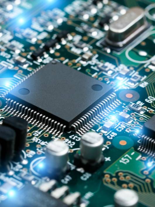 La imagen muestra un circuito impreso con microchips y componentes electrónicos iluminados.