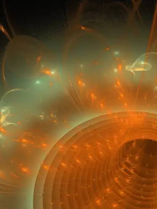 Una ilustración abstracta que muestra patrones de luz en tonos naranjas y verdes.