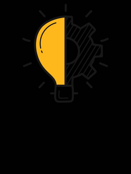 A stylized graphic of a light bulb merged with a gear on a black background, symbolizing creativity and innovation.