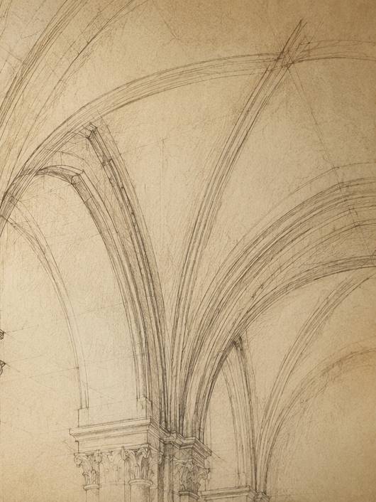 La imagen muestra un dibujo arquitectónico de arcos y columnas en un estilo clásico.