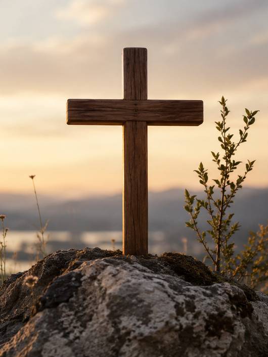 Una cruz de madera se encuentra sobre una roca con un hermoso paisaje al atardecer de fondo.