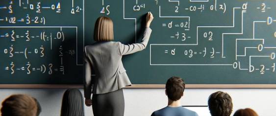 Una profesora explica conceptos matemáticos en una pizarra llena de ecuaciones, mientras sus alumnos la observan desde atrás.