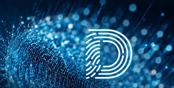 Una representación visual de un diseño digital con un fondo azul y un logo estilizado en forma de 'D'.