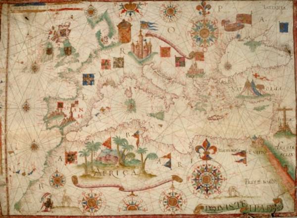 Un antiguo mapa del Mediterráneo con decoraciones simbólicas y referencias geográficas.