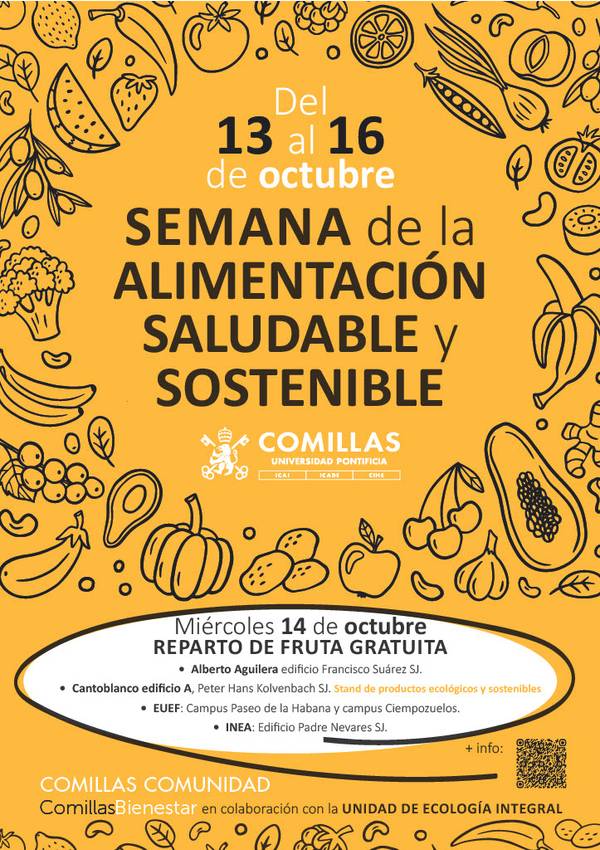 Cartel de la Semana de la Alimentación Saludable y Sostenible en la Universidad Pontificia Comillas.