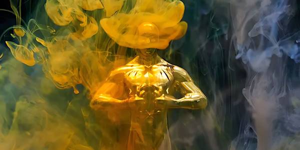 A surreal golden figure surrounded by swirling yellow and green smoke.