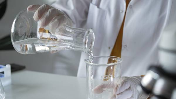 Una persona está vertiendo un líquido de un matraz a un vaso de precipitados en un entorno de laboratorio.