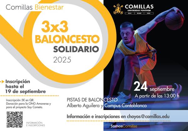 Cartel informativo sobre un torneo de baloncesto 3x3 solidario en la Universidad Comillas.