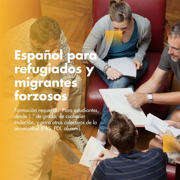 A group of three people, two young adults and an older adult, are studying documents and talking at a round table.