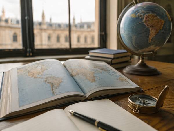 En la imagen se observa un libro abierto con un mapa, un cuaderno y una brújula sobre una mesa, junto a un globo terráqueo y una ventana que ofrece una vista al exterior.