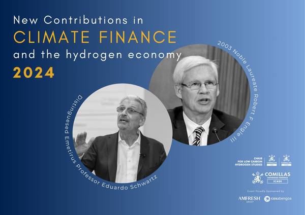 An advertisement for a book titled 'New Contributions in CLIMATE FINANCE and the hydrogen economy 2024', featuring images of two speakers, Emanuel Professor Eduardo Schwintzer and 2003 Nobel laureate Robert C. Merton.