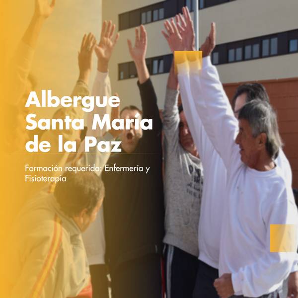 A group of elderly individuals enthusiastically participating in an outdoor exercise session with raised hands, under a clear sky outside the Albergue Santa Maria de la Paz.