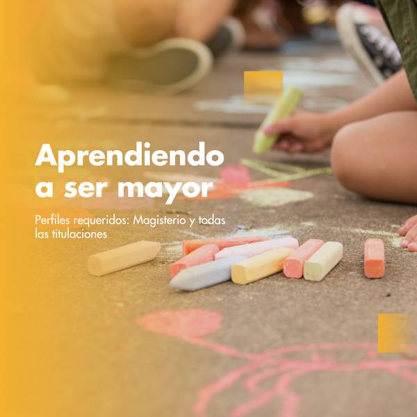 Children drawing with chalk on the pavement with text promoting education and requiring profiles in teaching.