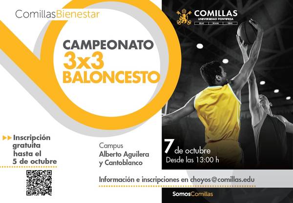 Cartel anunciador del campeonato de baloncesto 3x3 en la Universidad Pontificia Comillas.
