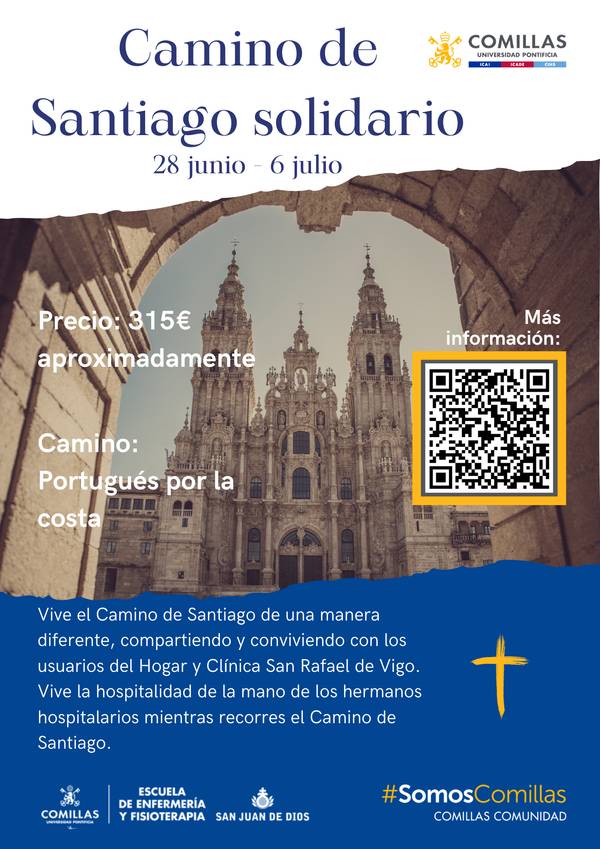 El cartel promocional del Camino de Santiago solidario en Comillas, destacando precios y detalles del evento.