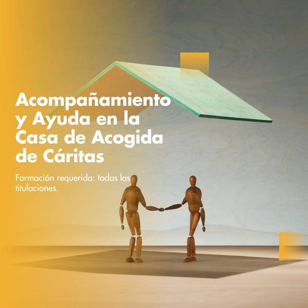Digital artwork showing two wooden mannequin figures shaking hands under a stylized house, with a text about support and help at a charity house.