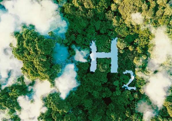 Aerial view of a lush forest with 'H2' spelled out in a clearing, symbolizing hydrogen.