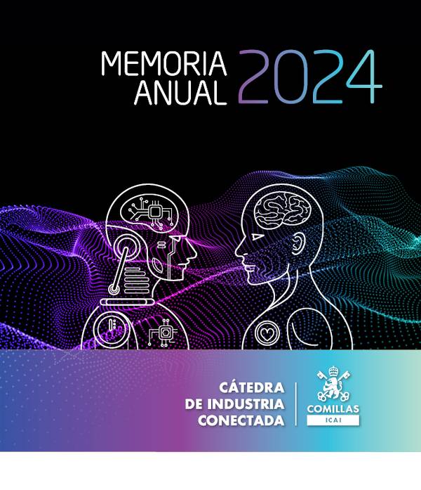 La imagen muestra el diseño de la memoria anual 2024 de la Cátedra de Industria Conectada, destacando ilustraciones de un robot y un humano junto a ondas gráficas.