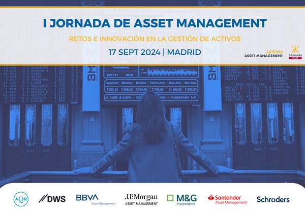 A person stands before a large promotional poster for the 'I Jornada de Asset Management' event scheduled on September 17, 2024 in Madrid featuring logos of various financial companies.