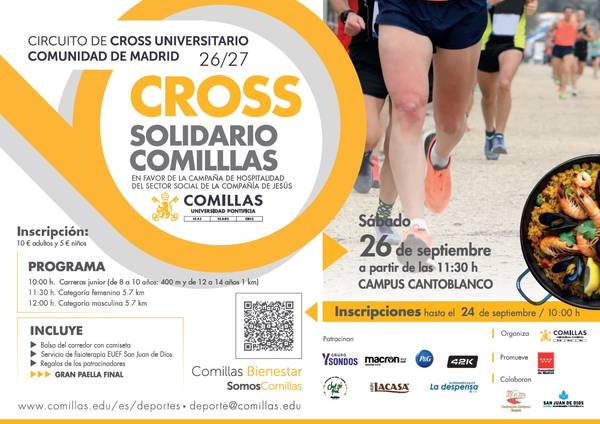 Cartel del Cross Solidario Comillas, un evento deportivo a beneficio de la campaña de la Hospitalidad del Sector Social de la Compañía de Jesús.