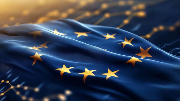 Una bandera de la Unión Europea ondeando con un fondo abstracto.
