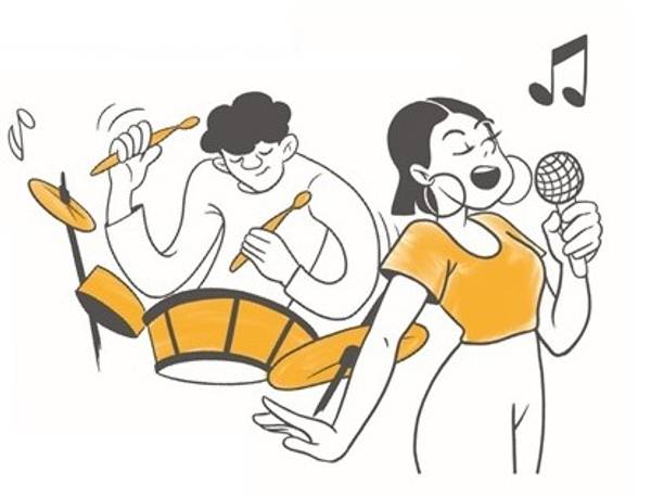 A cartoon image of a woman singing into a microphone and a man playing the drums, both enjoying music.