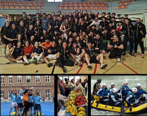 Un grupo grande de personas sonríe y posa en un gimnasio junto a actividades deportivas y recreativas.