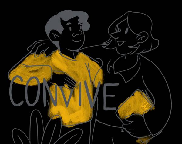 A stylized black and yellow sketch of two people, one wearing a yellow shirt, smiling and interacting happily with text 'CONVIVE' visible.