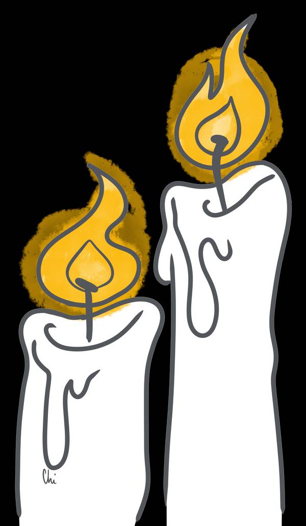 Two candles with bright yellow flames against a black background.