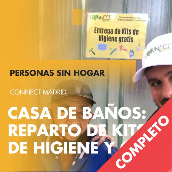 Imagen que muestra una actividad de reparto de kits de higiene para personas sin hogar en Madrid.