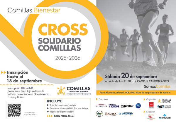 El cartel anuncia el Cross Solidario Comillas, un evento deportivo benéfico que se llevará a cabo el 20 de septiembre en el campus Cantoblanco.