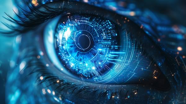 Un ojo humano con un diseño futurista y patrones tecnológicos en color azul.