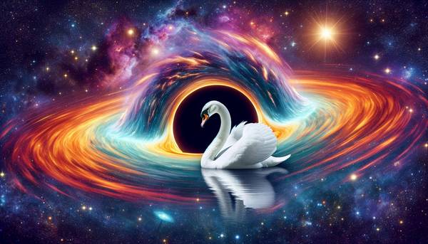 DALL·E 2023-12-02 11.51.00 - A majestic white swan centered amidst a vibrant cosmic scene with a black hole, swirling accretion disk, and jets of material being ejected into space.png