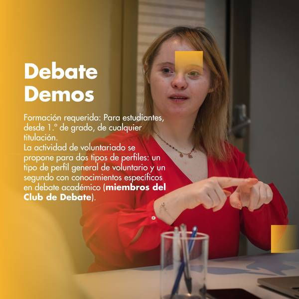 A young woman with Down syndrome involved in an academic debate event, with a focus on volunteer engagement and debate skills.