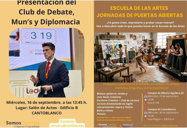 Imagen que muestra un evento académico y cultural con información sobre una presentación de un club de debate y jornadas de puertas abiertas en una escuela de artes.