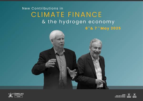 La imagen anuncia un evento sobre finanzas climáticas y economía del hidrógeno que se llevará a cabo en mayo de 2025.
