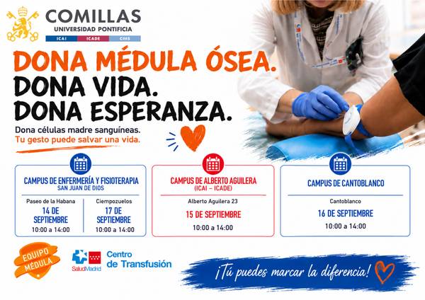 La imagen promueve la donación de médula ósea con información sobre diferentes campus y fechas para colaborar.