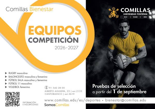 Cartel informativo sobre los equipos deportivos de la Universidad Pontificia Comillas para el año 2026-2027.
