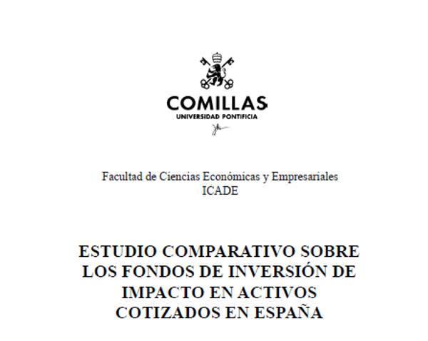 Un documento que presenta un estudio comparativo sobre fondos de inversión de impacto en activos cotizados en España.
