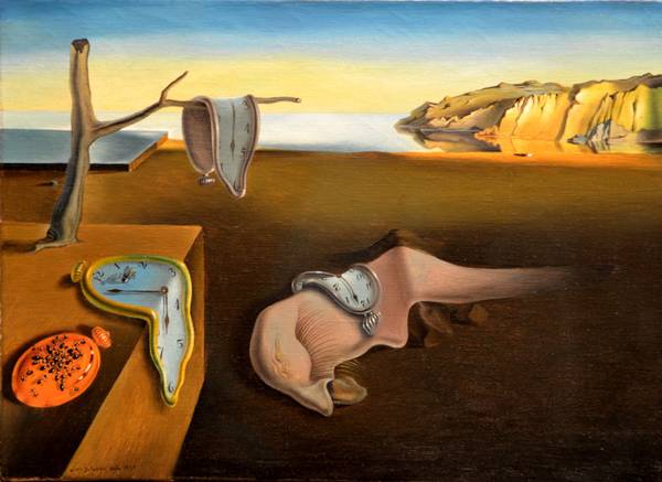 Una pintura surrealista que muestra relojes derretidos en un paisaje desértico.
