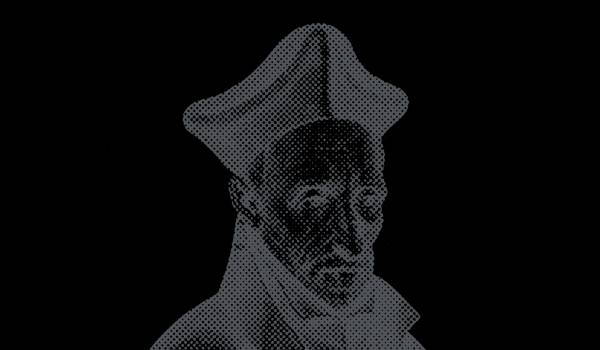 Retrato artístico en blanco y negro de una figura masculina con un sombrero distintivo.