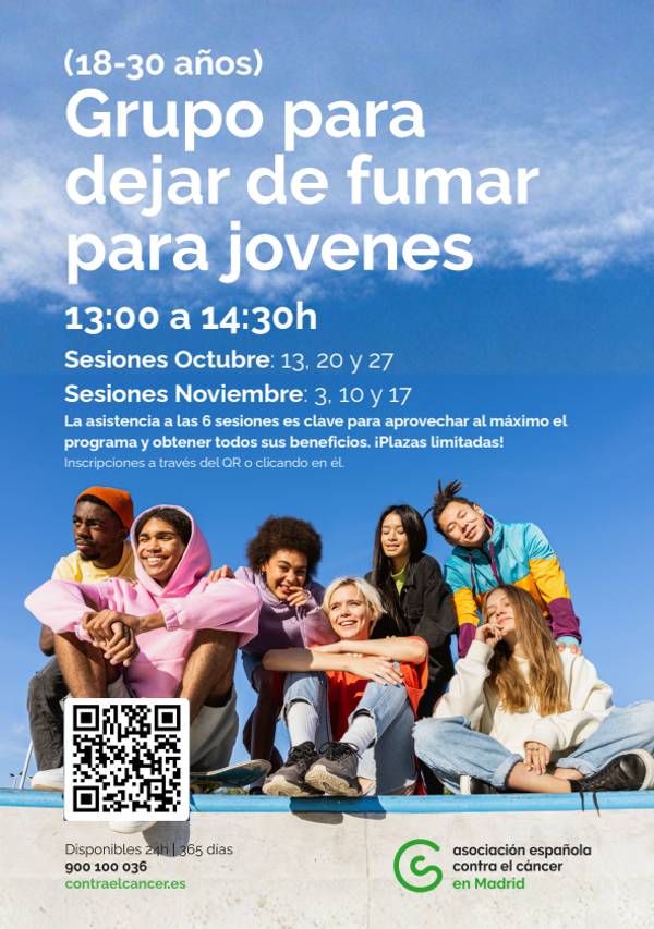 La imagen promociona un grupo para dejar de fumar dirigido a jóvenes de 18 a 30 años en Madrid.