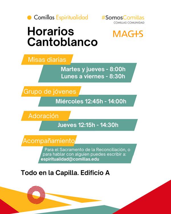 El póster muestra los horarios y actividades espirituales en la Capilla de Cantoblanco, incluyendo misas diarias y eventos específicos para jóvenes y adoración.