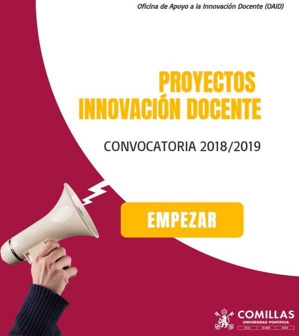 A poster announcing a faculty innovation project initiative for 2018/2019 with a megaphone directed at the text.