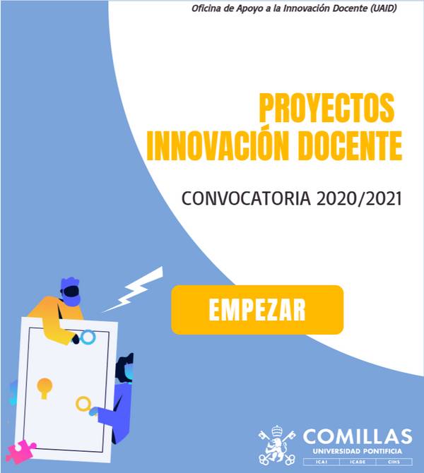 A promotional poster for 'Proyectos Innovación Docente' at Universidad Pontificia Comillas, featuring cartoon-like characters interacting with a clipboard and a lightbulb, symbolizing ideas and innovation.