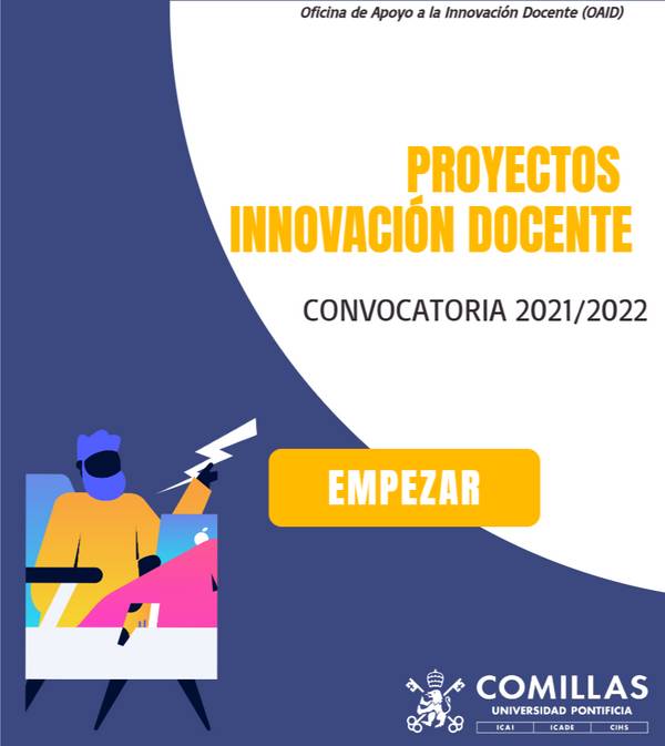 A promotional poster for faculty innovation projects from 2021/2022 at Comillas Pontifical University, featuring an abstract illustration of a person at a desk.