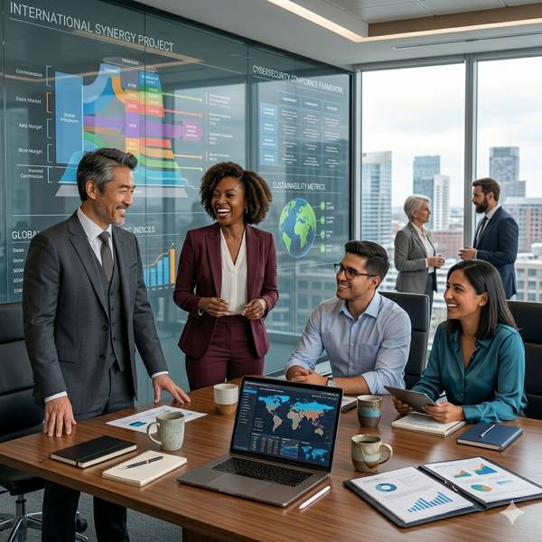 Un grupo de profesionales conversando y colaborando en una sala de reuniones moderna con pantallas de presentación en el fondo.