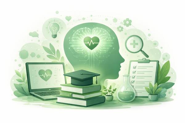Una representación gráfica que simboliza la intersección entre la salud mental y la educación, destacando elementos como un laptop, libros y símbolos de bienestar.