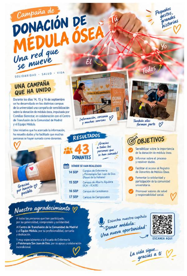 Un cartel sobre una campaña de donación de médula ósea que promueve la solidaridad y la importancia de donar.