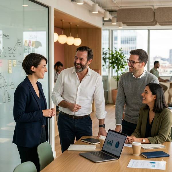 Un grupo de profesionales se reúne en una oficina moderna para discutir ideas y proyectos.